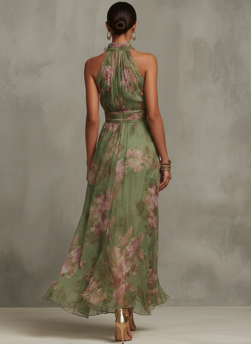 FIORI – Grønn maxikjole i chiffon med blomstertrykk og halterneck