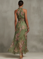 FIORI – Grønn maxikjole i chiffon med blomstertrykk og halterneck
