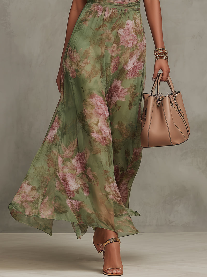 FIORI – Grønn maxikjole i chiffon med blomstertrykk og halterneck